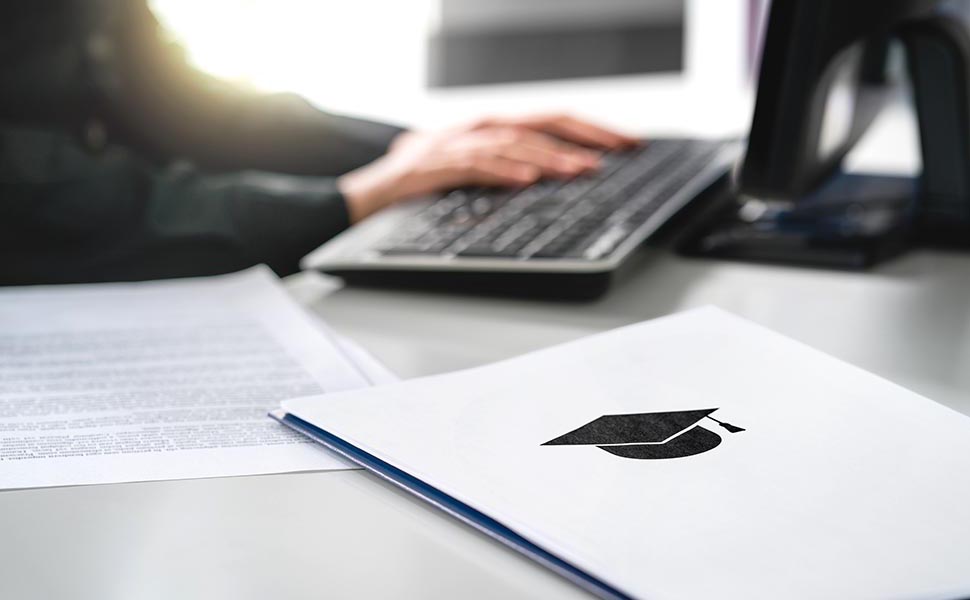 Student writing college or university application. Apply to school. Admission or grant. Teacher and computer. Principal or headmaster working in office. Politician, minister or secretary of education.