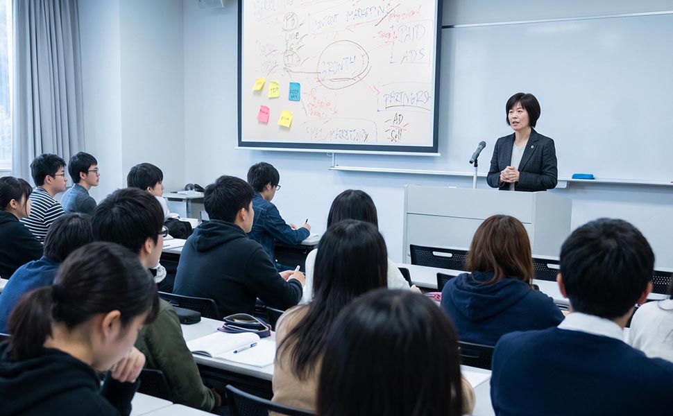 英語でプレゼンテーションする大学教員